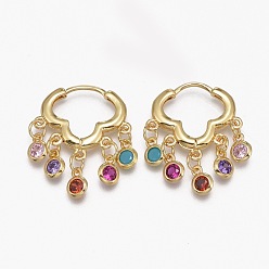 Настоящее золото 18K Серьги-кольца из латуни с микро-паве из фианита, плоско-круглые, красочный, реальный 18 k позолоченный, 21 мм, штифты : 1 мм