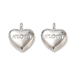 Platinum Brass Charms, Heart with Word Mom Charms, Cadmium Free & Lead Free, Rack Plating, Long-Lasting Plated, Platinum, 14x12x4.5mm, Hole: 3.5mm