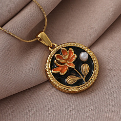 Золотой 316 хирургическая нержавеющая сталь, эмаль, с имитацией жемчуга, плоские круглые подвески с цветком для женщин, черный и оранжевый, золотые, 15.75 дюйм (40 см)