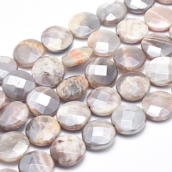 Sunstone Electroplate Natural Sunstone Beads Strands, Faceted, Flat Round, 18x6~7mm, Hole: 1.5mm, about 22pcs/strand, 15.5 inch