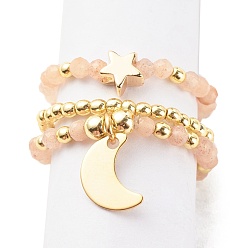 Солнечный Камень 3 шт. 3 комплект эластичных колец из натурального солнечного камня и синтетического гематита, кольцо из драгоценных камней с луной и латунной звездой для женщин, золотые, размер США 10 1/4 (19.9 мм), 1 шт / стиль