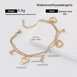 Corazón Playa de verano 304 Tobilleras con dijes de acero inoxidable para mujer, dorado, corazón, 7-1/2 pulgada (190 mm)