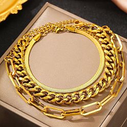 Золотой 3шт. 3 стили 304 набор браслетов из нержавеющей стали, браслеты со скрепками, змеями и кубинскими цепочками для женщин и мужчин, золотые, 6-7/8~7-1/2 дюйм (17.5~19 см), 3 шт / комплект