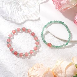 Смешанные камни 2шт. браслеты из натурального зеленого авантюрина и вишневого кварцевого стекла с круглыми бусинами для женщин, внутренний диаметр: 2-1/4~2-3/8 дюйм (5.8~5.9 см)