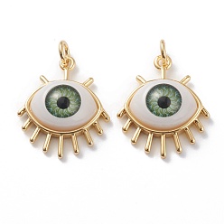 Зеленый Латунные подвески, с акриловыми и прыжковыми кольцами, глаз, долговечный, реальный 18 k позолоченный, зелёные, 21.5x18x7 мм, отверстие : 3 мм, Перейти кольцо: 5x1 мм
