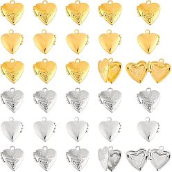 Platinum & Golden 40Pcs 2 Colors Brass Locket Pendants, Photo Frame Charms for Necklaces, Heart, Platinum & Golden, 15.2x13.2x4.6mm, Hole: 1.6mm, Inner Measure: 6.3x8mm, 20pcs/color