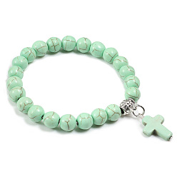 Синтетическая Бирюза Браслеты с подвесками из окрашенных синтетических бирюзовых бусин, эластичные браслеты для мужчин и женщин, крестик