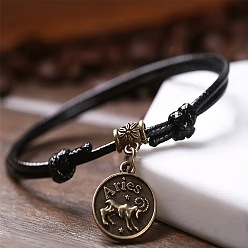 Овен Сплав плоский круглый с подвесками в виде созвездий двухслойный черный шнурок из искусственной кожи регулируемые браслеты на щиколотку, античная бронза, Овен, внутренний диаметр: 2-3/4~4-3/4 дюйм (70~120 мм)