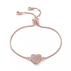 Rose Gold Adjustable Brass Slider Bracelets, Bolo Bracelets, with Box Chains, Brass Micro Pave Cubic Zirconia Links and Cardboard Packing Box, Heart, Rose Gold, 9 inch(23cm)