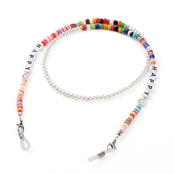 Colorful Rainbow Eyeglasses Chains, Neck Strap for Eyeglasses, with Polymer Clay Heishi Beads, Glass Seed Beads, Acrylic Beads and Rubber Loop Ends, Word Happy, Colorful, 24.8 inch(63cm)