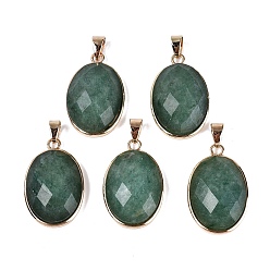 Green Aventurine Natural Green Aventurine Pendants, Brass Oval Bezeled Charms, with Iron Snap On Bails, Faceted, Golden, 31.5x20x8~9mm, Hole: 6.5~7.5x3.5~4.5mm