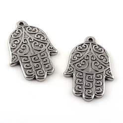 Couleur Acier Inoxydable Pendentifs en acier inoxydable résistants au ternissement, polie, hamsa main / main de fatima / main de miriam, couleur inox, 304mm, Trou: 41.5x28x3mm