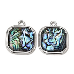 Square 304 Stainless Steel & Natural Paua Shell Pendants, Stainless Steel Color, Square Charm, 30x25.5x4.5mm, Hole: 3mm