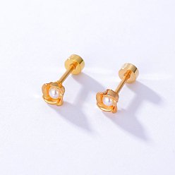 Настоящее золото 18K Серьги-гвоздики из нержавеющей стали в форме цветка, с имитацией жемчуга, реальный 18 k позолоченный