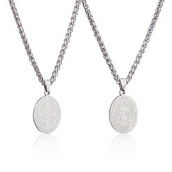 Нержавеющая Сталь Цвет 2шт. овальный медальон-подвеска Святого Бенедикта из нержавеющей стали в виде цепочки с пшеничным колосом, не тускнеет, цвет нержавеющей стали, 23.74 дюйм (60.3 см)