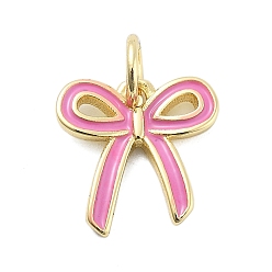 Ярко-Розовый Латунь эмаль прелести, с целью перехода в кольце, стойки покрытие, без свинца и без кадмия, долговечный, очарование бантом, реальный 18 k позолоченный, ярко-розовый, 11.5x11.5x2 мм, отверстие : 3.4 мм