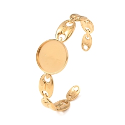 Golden 304 Stainless Steel Coffee Bean Chain Cuff Bracelet Blanks with Flat Round Bezel Settings, Ion Plating(IP), Long-Lasting Plated, Golden, Tray: 20mm, Inner Diameter: 1.85x2.36 inch(4.7x6cm)