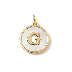 Letter G Латунный паве натуральный ракушка плоский круглый с буквенными подвесками, реальный 18 k позолоченный, долговечный, без свинца и без кадмия, стойки покрытие, цвет морской раковины, Буква G, 15x13x2 мм, отверстие : 3 мм