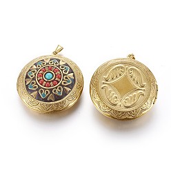 FireBrick Handmade Brass Locket Pendants, Indonesia Style, Photo Frame Charms for Necklaces, Flat Round, Raw(Unplated), FireBrick, 48x44.5x14mm, Hole: 7.5x3.5mm