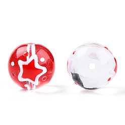 Rot Transparentes Glas mit Emailleperlen, Runde mit Sternchen-, rot, 17x16x15 mm, Bohrung: 1.8~2 mm