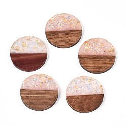 Розовый Подвески из непрозрачной смолы и орехового дерева, плоские круглые прелести, с блестящей пудрой и золотой фольгой, туманная роза, 28x3~4 мм, отверстие : 2 мм