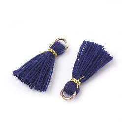 Midnight Blue Polycotton(Polyester Cotton) Tassel Pendant Decorations, Mini Tassel, with Iron Findings and Metallic Cord, Light Gold, Midnight Blue, 10~15x2~3mm, Hole: 1.5mm