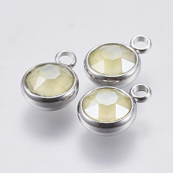 Gelb K 9 Glasanhänger, mit 304 Edelstahl Zubehör, facettiert, Flachrund, Edelstahl Farbe, Gelb, 13.5x10x6 mm, Bohrung: 2.5 mm