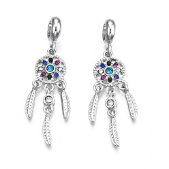 Colorful Rack Plating Alloy European Dangle Charms, with Rhinestone, Large Hole Pendants, Cadmium Free & Nickel Free & Lead Free, Platinum, Woven Net/Web with Feather, Colorful, 43mm, Hole: 5mm, Feather: 12x2.5x3mm
