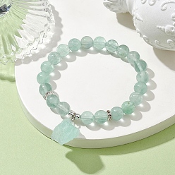 Fluorite Natural Green Fluorite Round Beaded Stretch Bracelets, with Rough Raw Nugget Charms, Inner Diameter: 2-1/2 inch(6.2cm)