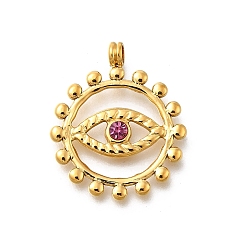 Фуксиновый 304 подвески из нержавеющей стали, со стразами, ионное покрытие (ip), плоский круглый с шармом в виде глаз, реальный 14 k позолоченный, красно-фиолетовые, 23.5x20x2.5 мм, отверстие : 2.5 мм