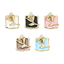 Mixed Color 5Pcs Rack Plating Alloy Enamel Pendants, Cadmium Free & Lead Free, Rectangle with Rose, Mixed Color, 21.5x19x6mm, Hole: 1.6mm