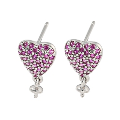 Платина Покрытие стойки латунь микро паве ярко-розовый цирконий поиск сережек-гвоздиков, без кадмия и без свинца, долговечный, сердце, платина, 10x9 мм, штифты : 11x1 мм