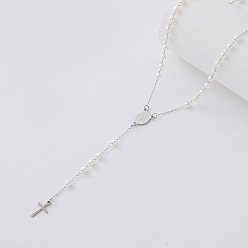 White Vintage Imitation Pearl Rosary Bead Necklaces, 304 Stainless Steel Religion Cross Virgin Pendant Necklaces for Women, Silver, White, 23.23 inch(59cm)