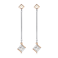 Clear Brass Micro Pave Cubic Zirconia Dangle Stud Earring, Cadmium Free & Lead Free & Nickel Free, Rhombus, Platinum & Golden, Clear, 57x10mm