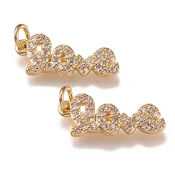 Золотой Латунные микропаве прозрачные подвески с фианитом, долговечный, с прыжковых колец, на день Святого Валентина, Слово любовь, золотые, 17x7x2 мм, отверстие : 2 мм, Перейти кольцо: 4x1 мм, 2 mm внутреннего диаметра.