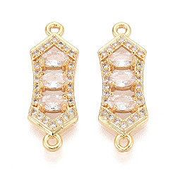 Настоящее золото 18K Латунные подвески-звенья/соединители с прозрачными кубическими циркониями, шестиугольник, без никеля , реальный 18 k позолоченный, 26x9x4 мм, отверстие : 1.2~1.4 мм