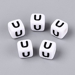 Letter U Opaque Acrylic Beads, Cube with Number, with Enamel, Black, Letter U, 7.5~8x7.5~8x8~8.5mm, Hole: 3.6~4mm, about 1200pcs/500g