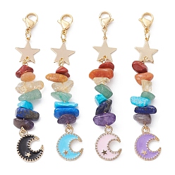 Mixed Color Moon Alloy Enamel Pendant Decorations, with Chakra Gemstone Chips & Brass Star Link and 304 Stainless Steel Lobster Claw Clasps, Mixed Color, 78mm