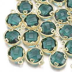 Teal Glass Charms, with Brass Findings, Faceted, Flat Round with Heart, Golden, Teal, 14x11.5x4.5mm, Hole: 1.5mm