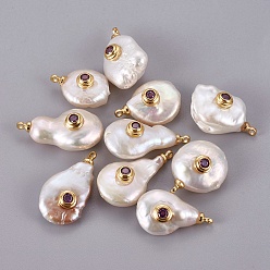 Сине-фиолетовый Подвески из натурального пресноводного жемчуга, с латунным кабошоном из циркония, долговечный, реальный 18 k позолоченный, синий фиолетовый, 16~22.5x10~14 мм, отверстие : 1.4 мм