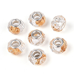 Прозрачный Прозрачные европейские бусины-рондель из смолы, с золотой фольгой и латунными двойными сердечниками серебристого тона, бусины с большим отверстием, прозрачные, 13.5~14x8.5~9 мм, отверстие : 4.8~5 мм