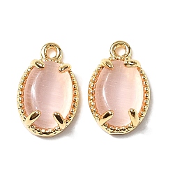 Pink Овальные латунные подвески, с кошачий глаз, без никеля , реальный 18 k позолоченный, розовые, 10x6.5x4 мм, отверстие : 0.9 мм