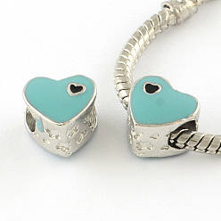 Средний Бирюзовый Эмаль стиль сердца платины тон сплава европейские шарики, бусины с большим отверстием, средне бирюзовый, 10x10.5x8.5 мм, отверстие : 5 мм