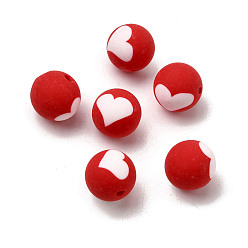 Красный Бусины из полимерной глины , круглые с сердца шаблона, красные, 10 мм, отверстие : 1.5 мм