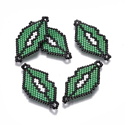 Green Handmade Japanese Seed Beads Links, with Japan Import Thread, Loom Pattern, Lip, Green, 19~19.5x40~44x2mm, Hole: 2~2.5mm