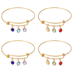 Золотой 4 шт. 2 стили 304 браслеты из нержавеющей стали с подвесками для женщин, овальные, с латунной стеклянными подвесками, золотые, внутренний диаметр: 2-1/2 дюйм (6.5 см), 2 шт / стиль