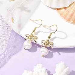 Golden Alloy Bowknot Dangle Earrings, Natural Cultured Freshwater Pearl Drop Earrings, Golden, 36x12.5mm