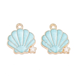 Sky Blue Alloy Enamel Pendants, Shell Shape with Starfish Charms, Golden, Sky Blue, 18x16x1mm, Hole: 1.6mm