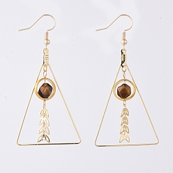 Tiger Eye Natural Tiger Eye Dangle Earrings, with Brass Real 18K Gold Plated Earring Hooks and Brass Findings, Triangle, 68mm, Pin: 0.7mm