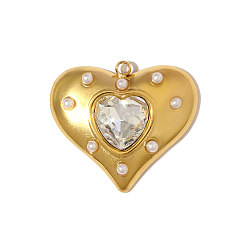 Настоящее золото 18K 304 подвески из нержавеющей стали с кубическим цирконием, сердце прелести, ионное покрытие (ip), с имитацией жемчуга, реальный 18 k позолоченный, 22x20 мм